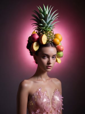 Fashion photoshoot of a model wearing an elegant headpiece made of pineapple, plus various other colorful, translucent fruits. She wears an light pink dress. She is in a dark room with a beam of light illuminating her form from behind
