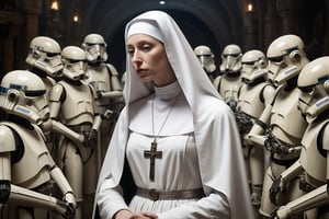Renaissance painting of a nun dressed in white, surrounded by Trade Federation Droids who are trying to comfort her. Style by da Vinci. Style by Botticelli. Star Wars.
ultra-detailed, high stylization, depth of field, bokeh effect, backlit, stylish, elegant, breathtaking visual richness, full body shot, masterpiece, Art Nouveau influences,  whimsical yet dark atmosphere, surreal
