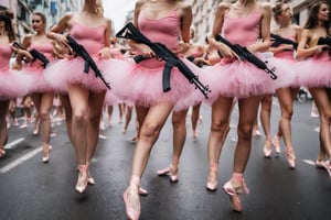 Photo Closeup of a group of woman ballerinas in pink tutus, parading through the street holding AK47s.,action shot