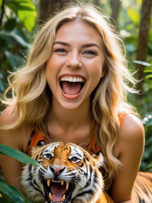 1girl, A whimsical Photo of a woman with straight blond hair, laughing hysterically while revealing her sharp fangs. Behind her, a tiger with strikingly similar fangs joins in the laughter, its massive body and orange fur contrasting with the girl's delicate features. Both the girl and the tiger are surrounded by a vibrant, lush jungle environment, with sunrays filtering through the trees and casting a warm and playful atmosphere.