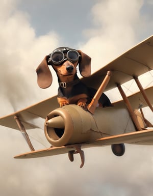 Long shot of a WW1 biplane with a Dachshund  as pilot, goggles 