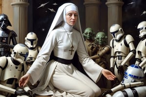 Renaissance painting of a nun dressed in white, surrounded by Star Wars Trade Federation Droids who are trying to comfort her. Style by da Vinci. Style by Botticelli. 