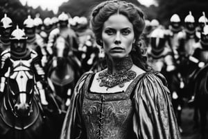 Vintage analog, grainy B & W Photo. Close up portrait of a Medieval woman in an elaborate dress, in front of an army of mounted Knights.  Cinematic. Style by J.C. Leyendecker. Canon 5d Mark 4, Kodak Ektar