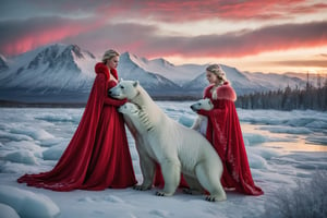 fashion photography scene featuring two women and a polar bear, one dressed as Elsa from Frozen in a stunning ice-blue dress with a flowing cape, and the other dressed as Anna in a bright red and white outfit. Both women are tenderly hugging a polar bear, who appears to be a majestic and gentle creature. The snowy landscape surrounding them adds to the enchanting atmosphere, with a beautiful northern lights display illuminating the sky.