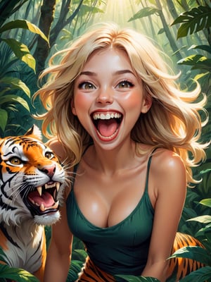 1girl, A whimsical illustration of a young girl with straight blond hair, laughing hysterically while revealing her sharp fangs. Behind her, a tiger with strikingly similar fangs joins in the laughter, its massive body and orange fur contrasting with the girl's delicate features. Both the girl and the tiger are surrounded by a vibrant, lush jungle environment, with sunrays filtering through the trees and casting a warm and playful atmosphere.