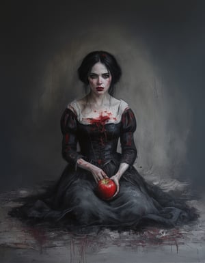 Painting of Snow white, bloodied, holding apple, sitting on the ground dramatically, Victorian era clothing, gothic terror,   smeared dream like black background, in the style of Nicola Samori 