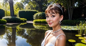 (((audrey hepburn))), (black hair),  (((18 years old))), (photoshoot), (Fujifilm XT3 Viltrox), old movie photo, posing, instagram,  (happy smile),  stand up, ((leafy jungle. transparent cascade, water ripples reflections, pond)),  ultradetailed), sharp focus, elegant, jewels,  bright sunny sky, elegant Givenchy little (Black dress), black gloves, tiara, ((small)) necklace, brilliant hoop earrings,  hdr, strong contrast, sunlight, backlight, shadows, vibrant colors, pretty, beautiful, feminine, loving, in love, adorable , elegant, fashion,