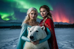 Photo Closeup of two women holding a polar bear. One is dressed as Elsa from Frozen in a stunning ice-blue dress with a flowing cape, and the other dressed as Anna in a bright red and white outfit. The snowy landscape surrounding them adds to the enchanting atmosphere, with a beautiful northern lights display illuminating the sky. 