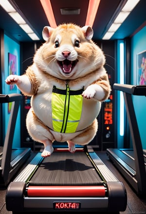 Photo,  Fat Hamster running on all four on a treadmill,  canon 5d mark 4,  neon light,  Kodak Ektar,  art by J.C. Leyendecker