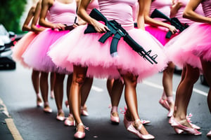 Photo Closeup of a group of woman ballerinas in pink tutus, parading through the street holding AK47s.,action shot