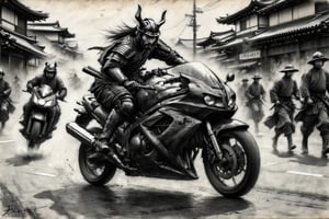 charcoal drawing. Portrait of a Samurai riding a motorcycle across a busy street in Kyoto in 1800. action shot,