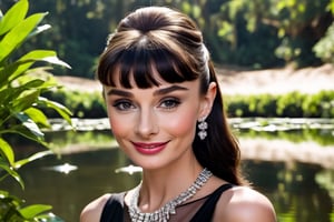 (((audrey hepburn))), (black hair),  (((18 years old))), (photoshoot), (Fujifilm XT3 Viltrox), old movie photo, posing, instagram,  (happy smile),  stand up, ((leafy jungle. transparent cascade, water ripples reflections, pond)),  ultradetailed), sharp focus, elegant, jewels,  bright sunny sky, elegant Givenchy little (Black dress), black gloves, tiara, ((small)) necklace, brilliant hoop earrings,  hdr, strong contrast, sunlight, backlight, shadows, vibrant colors, pretty, beautiful, feminine, loving, in love, adorable , elegant, fashion,