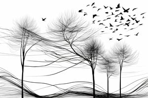An abstract, minimalist line sketch of a few leafless tree silhouettes being blown sideway by an extremely strong wind, while a flock of bird fly overhead, photo