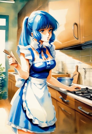 Lynn Minmay, 1girl, maid uniform, pony tail, apron, kitchen, flirting, masterpiece, the best quality, very aesthetic, absurdres, traditional media, watercolor