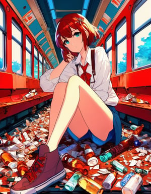 Photograph, 1Girl, sitting on train, red interior, rust, garbage on the floor, broken bottles, art by J.C. Leyendecker . anime style, key visual, vibrant, studio anime, highly detailed