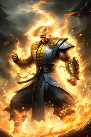 ((Donald Trump)) as Raiden from Mortal Kombat, conjuring up fireball and expelling them.