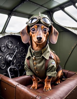 Dachshund dress as a WW1 flying ace, inside the cockpit of a WW1 biplane