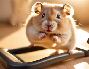 Photo,  Hamster exercising on a treadmill,  home gym, dumb bells, exercise equipment, harsh lighting
