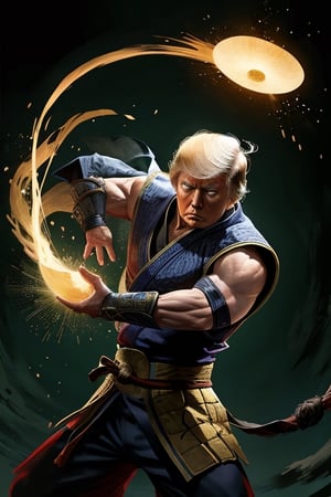 "Imagine ((Donald Trump)) as a Mortal Kombat character, embodying the essence of 
Raiden's  martial arts mastery and iconic Vietnamese hat rice hat-throwing abilities. Describe his appearance, special moves, and how he fits into the Mortal Kombat universe."