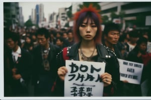 Polaroid of a 20yo Japanese woman dressed in punk clothing and is protesting war, noon, natural lighting.  action shot,action shot