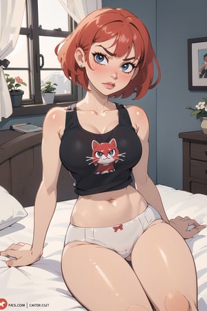 ((masterpiece, best quality, adult female )), 1girl, solo, short hair, breasts, angry, small breasts, huge thighs, shirt, red hair, bob haircut, navel, sitting, underwear, panties, coquette eyes, lewd face, very blushed, indoors, lips, head tilt, window, bed, watermark, highleg, curtains, white panties, web address, black tank top,  realistic, highleg panties, night,Cartoon