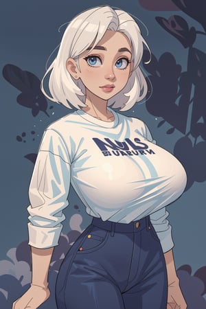 ((Best quality, masterpiec)), solo, 1girl   , big lips,  white hair, long hair, blue eyes, slope shirt, jeans, big breasts, standing,  (mature female:1.7), Balsamique, beautiful, basic_background,High detailed ,milfication,Cartoon,<lora:659111690174031528:1.0>