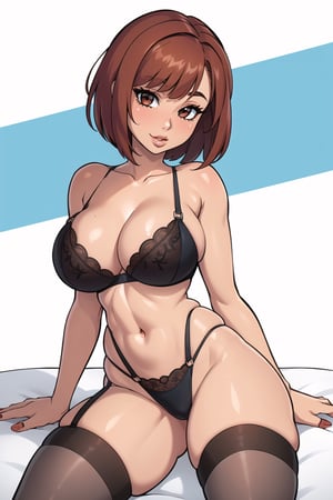 ((masterpiece,  best quality,  adult female )),  1girl,  solo, huge breasts,  looking at viewer,  short hair,  thighhighs,  navel,  jewelry,  medium breasts,  sitting,  underwear,  panties,  full body,  thighs,  red hair,  black thighhighs,  indoors,  bra,  brown hair, bob haircut,  lips,  v,  highleg,  thick thighs,  underwear only,  ring,  lingerie,  white bra,  realistic,  double v,  highleg panties,,,,,