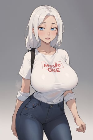 ((Best quality, masterpiec)), solo, 1girl   , big lips,  white hair, long hair, blue eyes, slope shirt, jeans, big breasts, standing,  (mature female:1.7), Balsamique, beautiful, basic_background,High detailed ,milfication,Cartoon