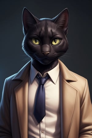 blacksad, (black cat:1.4),black eyes, green sclera, solo, (posing:1.3), (soft shading), 4k, hi res, five fingers, detailed hands, ((detailed face, (detailed eyes:1.0), detailed)), by zackarry911, by zaush, (by personalami:0.5), solo, looking at viewer, shirt, 1boy, white shirt, upper body, male focus, necktie, collared shirt, vest, coat, formal, suit, red necktie, brown jacket, brown coat, trench coat, close-up, portrait,