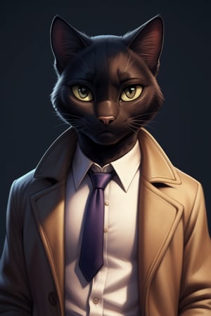 blacksad, (black cat:1.4),black eyes, green sclera, solo, (posing:1.3), (soft shading), 4k, hi res, five fingers, detailed hands, ((detailed face, (detailed eyes:1.0), detailed)), by zackarry911, by zaush, (by personalami:0.5), solo, looking at viewer, shirt, 1boy, white shirt, upper body, male focus, necktie, collared shirt, vest, coat, formal, suit, red necktie, brown jacket, brown coat, trench coat, close-up, portrait,background,Disneystyler,judyhopps,castlevania style,artgerm