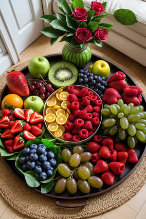 Tray with many fruits, in the center flowers, in the living room