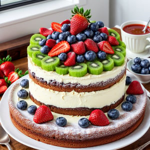 Cake with lots of strawberries, blueberries, kiwi on top, in the living room