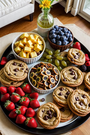 Tray with many fruits, accompanied by baked cookies, in the living room