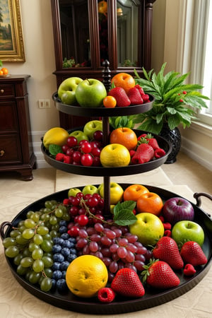 ((masterpiece)), (best quality), tray with many fruits, in the living room
