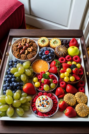Tray with many fruits, accompanied by baked sweets, in the living room