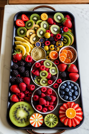 Tray with many fruits, accompanied by baked sweets, in the living room