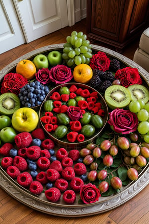 Tray with many fruits, in the center many roses of various colors, in the living room