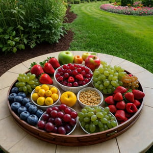 ((masterpiece)), (best quality), tray with many fruits, in the garden