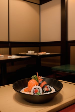 centered, photography, analog, | sushi dish, food photo, restaurant, table, japanese restaurant, | depth of field, bokeh,