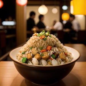 centered, photography, analog, | fried rice bowl dish, food photo, restaurant, table, japanese restaurant, | depth of field, bokeh,