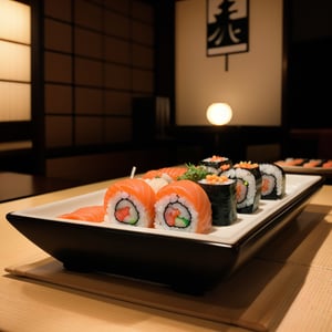 centered, photography, analog, | sushi dish, food photo, restaurant, table, japanese restaurant, | depth of field, bokeh,