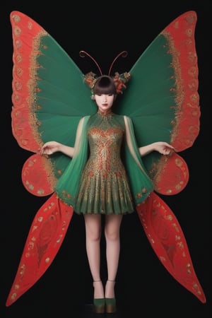 Create an image of a fantastical creature with butterfly wings and an elaborate red costume adorned with intricate patterns and textures. The creature should be set against a muted background that suggests a natural environment, incorporating elements of foliage in subtle green tones to complement the vibrant reds of the costume. The pose should convey grace and motion, capturing the ethereal beauty of this otherworldly being.
