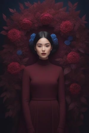 Create an image of a lying individual surrounded by deep maroon red-blue flowers and leaves, holding a bouquet of similar flora. The surroundings are serene with contrasting dark tones to enhance the mysterious atmosphere.