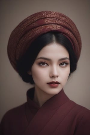 Dreamlike portrait, very beautiful creature, black hair, sweet and different, detailed eyes, rare intricate maroon costume, perfect full body, intricate headband, warm brown lights, by Peter Lindberg, Lee Jeffries