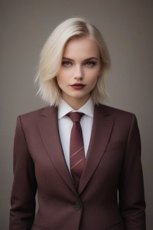 Dream portrait, very beautiful young German woman, blonde hair, sweet and different, detailed eyes, rare and intricate jacket suit with maroon tie, perfect full body, intricate fashion Pamela, warm brown lights, by Peter Lindberg, Lee Jeffries