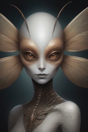 Ethereal portrait of an alien creature with detailed dragonfly features, full dragonfly body with warm brown highlights, inspired by the style of Peter Lindberg and Lee Jeffries.