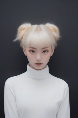 Create an image capturing the essence of anonymity with a person whose face is obscured by a grey square. The individual has blonde hair in an updo and is dressed in a white top, set against a dark backdrop. The composition should convey a sense of mystery and focus on the fashion elements while maintaining the subject's privacy.
