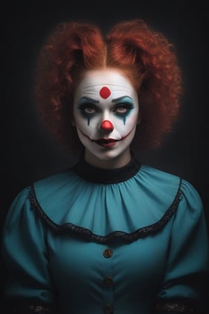 Dreamy portrait, multicolored clown woman, red curly hair, perfect full body, gothic cyan costume, warm brown lights, by Peter Lindberg, Lee Jeffries