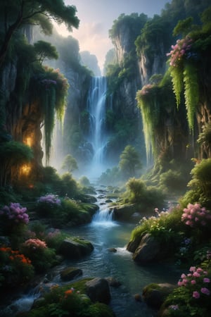 Create an enchanting vertical landscape featuring multiple luminous waterfalls cascading down from towering cliffs into a serene river, surrounded by lush greenery and blooming flowers under the soft glow of twilight.
