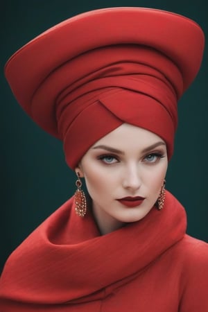 Peter Lindberg Style Imagine a red-haired woman adorned in vibrant red and cyan, the color of passion and tradition. The meticulously wrapped turban is not just a piece of cloth but a symbol of heritage, and each fold tells a story of cultural pride. The Peter Lindberg Style Garment
